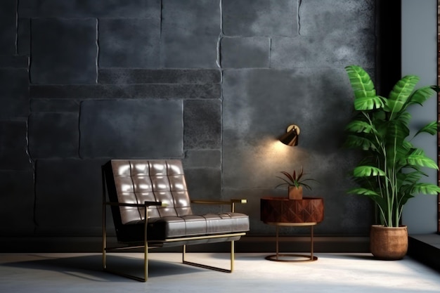 Estilo loft interior com poltrona de couro na parede de cimento escuro renderização em 3d