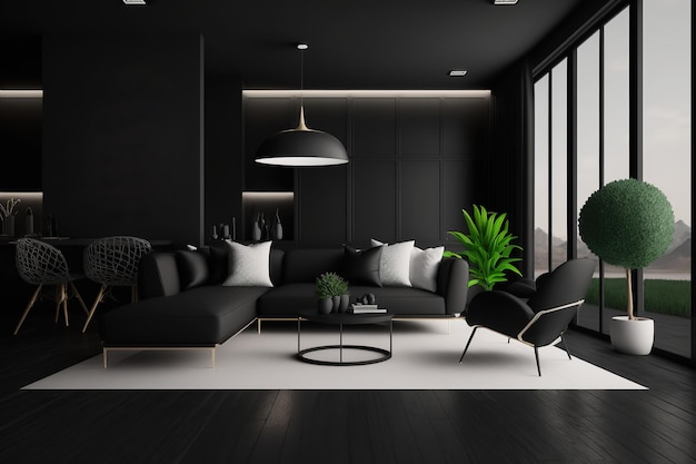 Estilo de lujo interior negro Sala de estar con paredes oscuras Diseño de apartamento minimalista Ai generativo