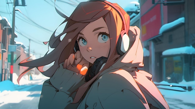 Estilo manga de anime lindo LOFI Girl diseño de ilustración de fondo de invierno acogedor