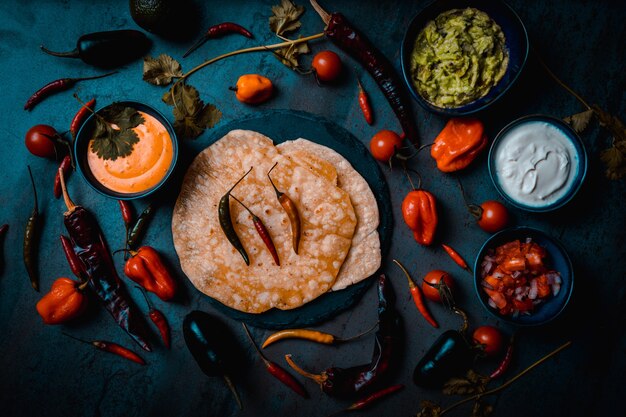 Estilo mexicano de comida oscura con guacamole de crema agria y pico de gallo