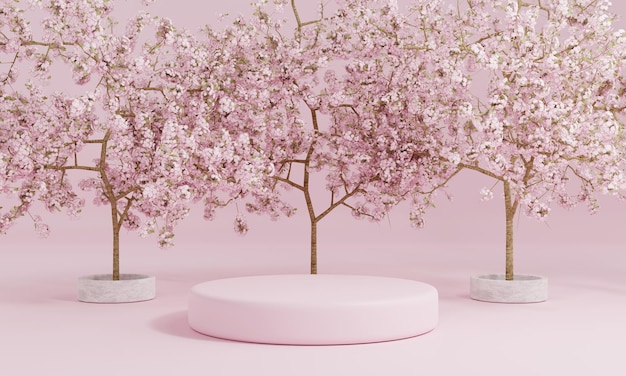 Estilo minimalista cilindro rosa exibição de pódio de produto com árvore de cerejeira em flor ou Sakura em língua japonesa em jardim público Tecnologia e conceito de objeto renderização de ilustração 3D