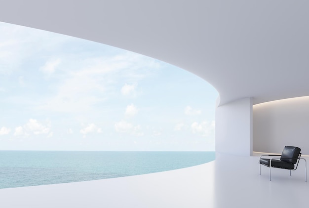 Foto estilo minimalista curva terraza curva de casa blanca con vista al mar renderizado en 3d decorado con silla de cuero negra con espacio de copia