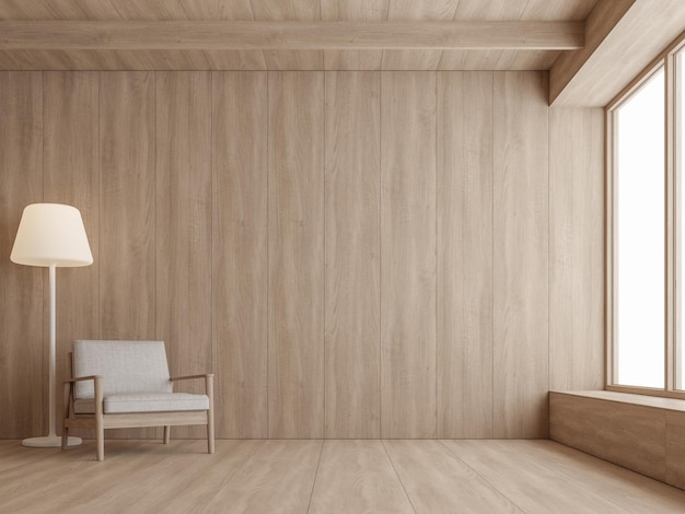 Estilo minimalista interior moderno contemporáneo de la sala de estar con todo el material de madera renderizado en 3D