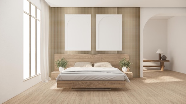 Estilo minimalista japonês de quarto Parede branca moderna e sala de piso de madeira renderização 3D minimalista