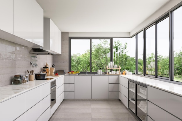 Foto el estilo minimalista moderno del interior de la cocina blanca en 3d