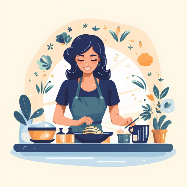 estilo minimalista de vector plano de una mujer cocinando, horneando y comiendo comida ilustración