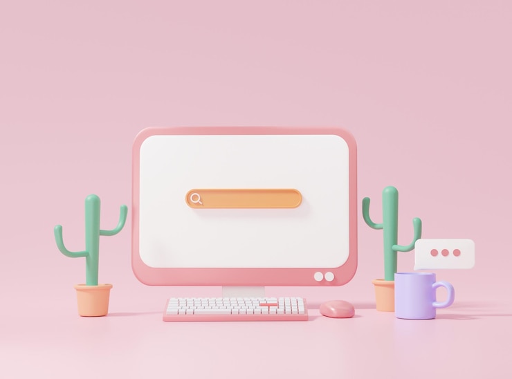 Foto estilo mínimo seo o concepto de marketing de optimización de motores de búsqueda. análisis web de crecimiento haga clic en buscar a través de la computadora de información de palabras clave en la ilustración de fondo rosa pastel. representación 3d