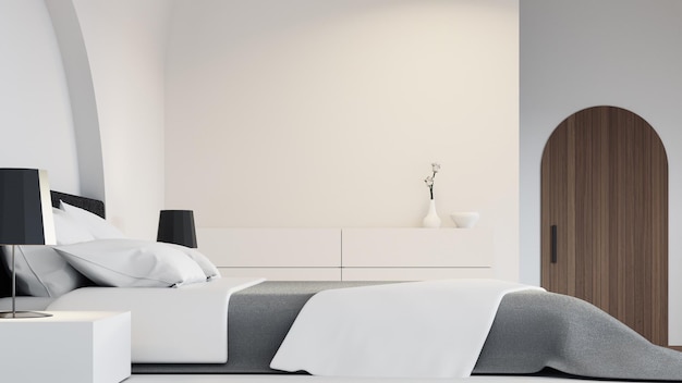 Estilo moderno de luxo de quarto branco e vista para o mar - renderização em 3d