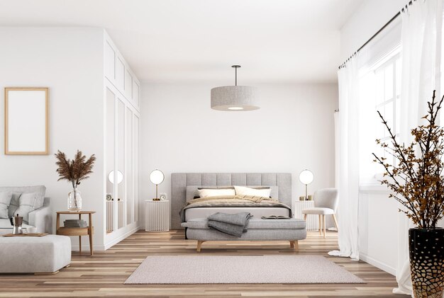 Estilo moderno dormitorio blanco y sala de estar 3d render