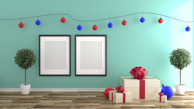 Estilo de Navidad, interior de la sala de menta, estilo moderno. Representación 3D