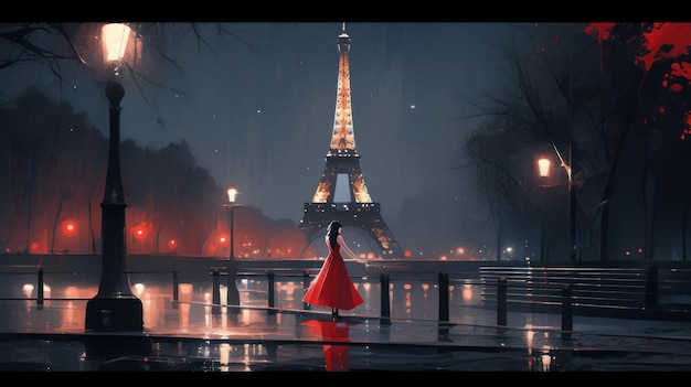 estilo noir burlesco outono uma mulher em um vestido vermelho na torre eiffel à noite