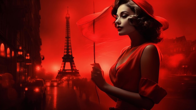 estilo noir burlesco outono uma mulher em um vestido vermelho na torre eiffel à noite