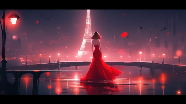 estilo noir burlesque otoño una mujer en un vestido rojo en la torre eiffel en la noche