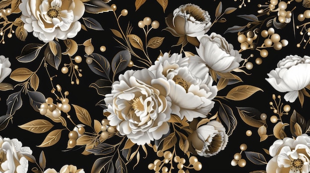 En el estilo oriental, las peonías y las rosas sobre un fondo negro están dispuestas en un patrón floral.