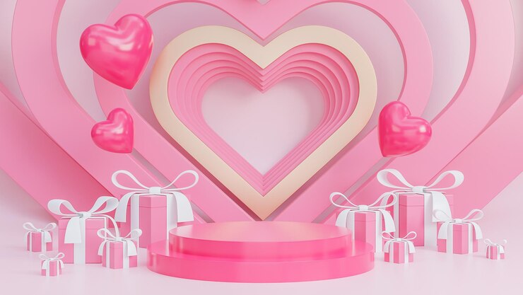 Estilo de papel de feliz día de san valentín con podio para la presentación del producto y corazones objetos 3d sobre fondo rosa, modelo 3d e ilustración.
