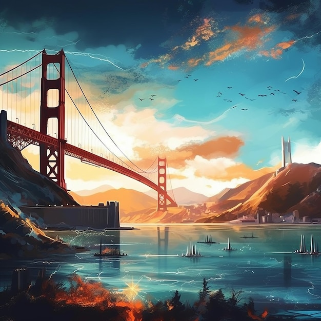 Estilo papel tapiz puente vista panorámica colores delicados ciudad mar pasaje artístico