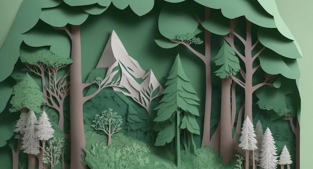 estilo papercut de ilustração de cor verde de folha de árvore de montanha de floresta Generative AI