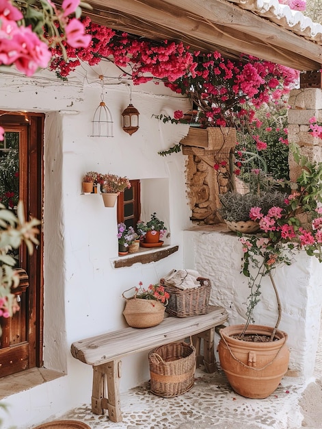 Foto estilo de paredes blancas mediterráneas con flores y buganvillas plantas en maceta de banco de madera