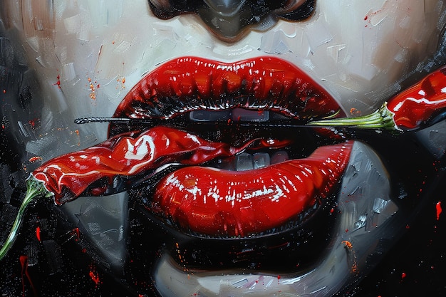 estilo de pintura al óleo ilustración abstracta de labios hermosos y sexy rojos sosteniendo pimienta picante roja