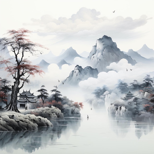 estilo de pintura de tinta china paisaje jardín ilustración del paisaje de la ciudad antigua