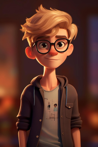 estilo pixar adolescente magro alto muito sério rosto usando óculos curto cabelo loiro