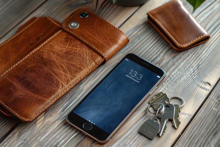 Estilo plana de una billetera de cuero de teléfono inteligente y llaves en una superficie de madera