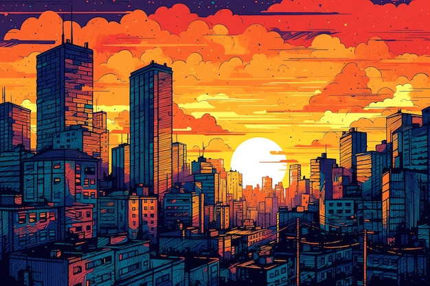 Estilo pop art de una ciudad durante la puesta de sol