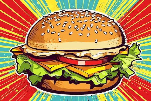 Estilo pop art de una gran hamburguesa con queso jugosa