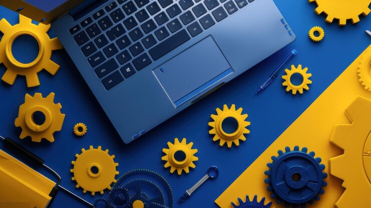 estilo realista escritorio portátil mecanismo de sitio web moderno mensaje de marketing publicidad copywri