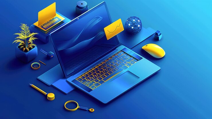 estilo realista escritorio portátil mecanismo de sitio web moderno mensaje de marketing publicidad copywri