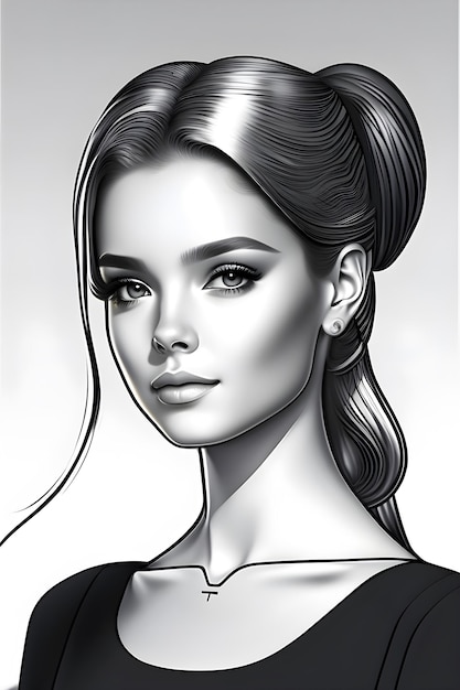 Estilo realista Retrato de niña hermosa Ilustración Blanco y negro