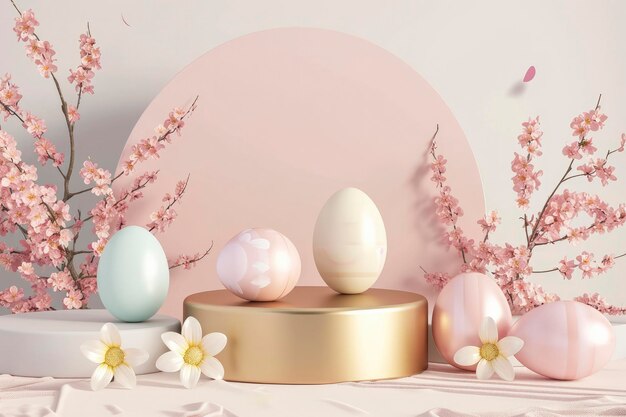 Estilo de renderizado 3D podio vacío con huevos de Pascua y flores alrededor del podio colores pastel oro fotografía de producto minimalista moderna