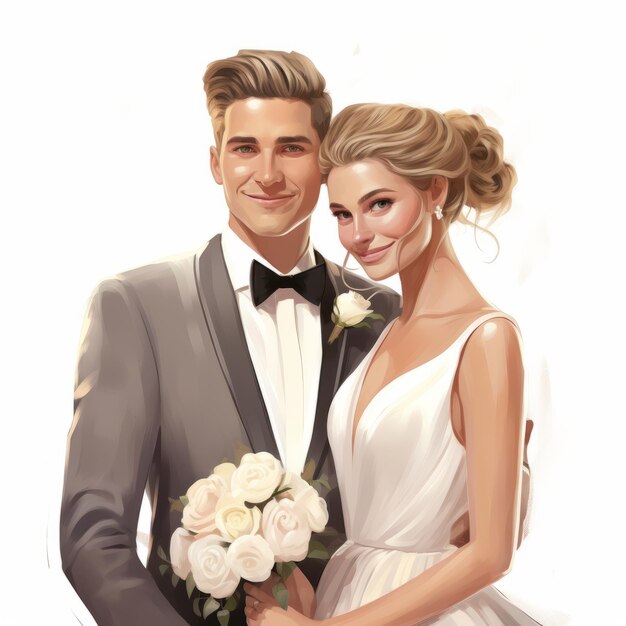 Estilo de retrato realista novia y novio Ilustración 2d