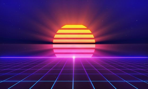 Estilo retro de los años 80 Ciencia ficción Fondo futurista con paisaje de cuadrícula láser