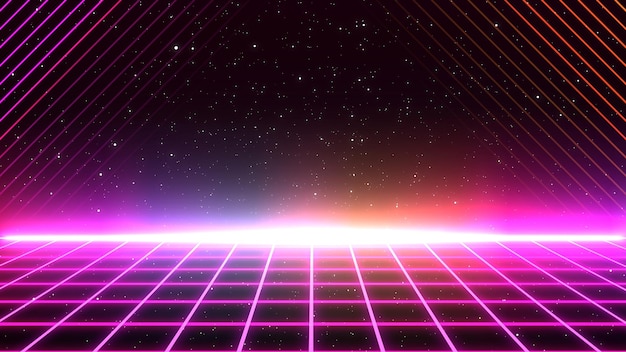 Estilo retro de los años 80 fondo futurista paisaje de cuadrícula digital
