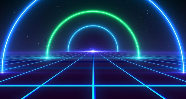 Estilo retro de los años 80 Fondo futurista con paisaje de cuadrícula láser Cyber digital
