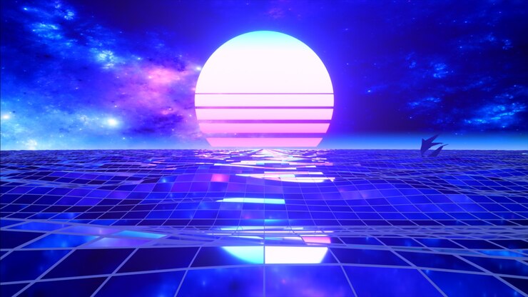 Foto estilo retro de los años 80. vuela sin cesar sobre el océano digital. los delfines saltan sobre el agua. puesta de sol retro colorida. ilustración 3d