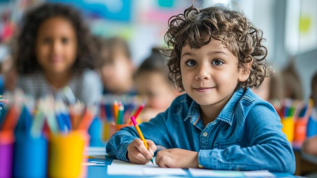 Estilo de la revista Vogue chica bonita sentada en el escritorio con un lápiz estudiando coreano sonriendo 8 años parte superior del cuerpo en el interior