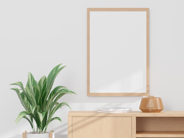 Estilo sala de estar e parede branca gabinete de madeira mock up moldura - renderização 3D -