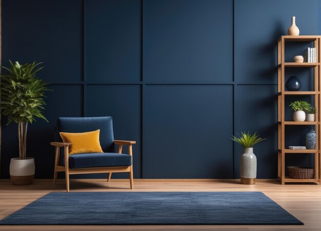 Estilo La sala de estar moderna de madera tiene un sillón en un fondo de pared azul oscuro vacío