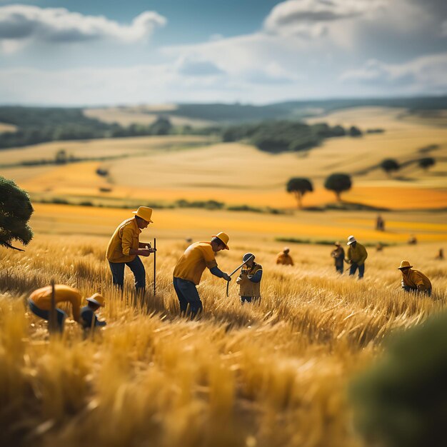 Estilo de sesión de fotos de paisaje Tiltshift con trabajadores y escena de belleza Granja creativa y única