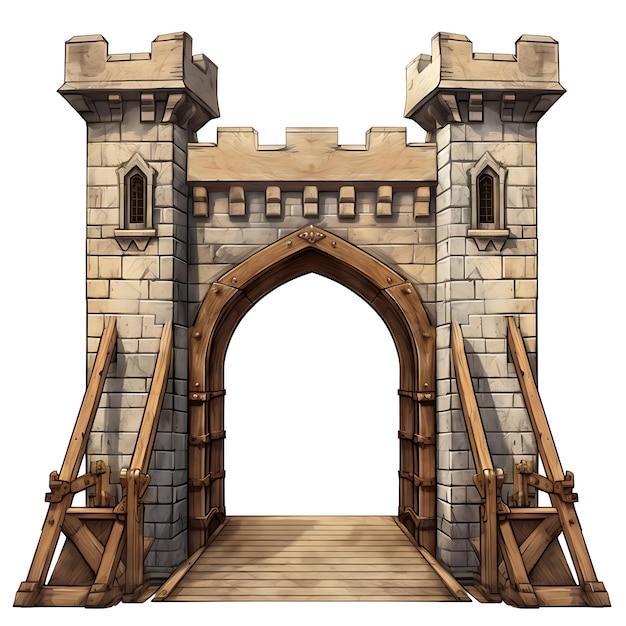 Foto estilo surrealista de puerta de puente levadizo con diseño de emblema del castillo consiste en un diseño de idea creativa de bisagra