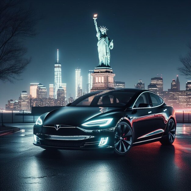 estilo sustentável em Nova York carro Tesla emoldurado pela beleza atemporal de Lady Liberty