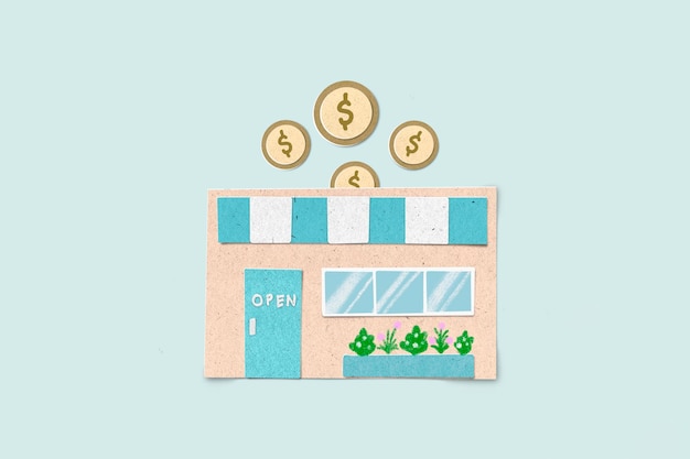 Estilo de textura de corte de papel del concepto de negocio poner una moneda en una metáfora de la tienda invertir en negocios Crecimiento del negocio de franquicia con ganancias