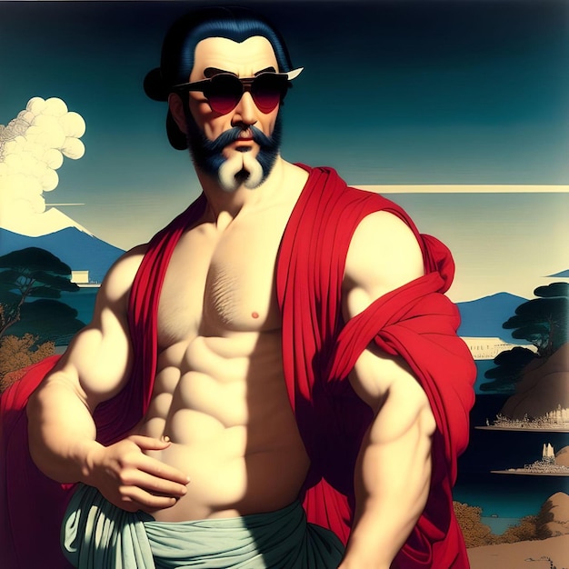 Estilo Ukiyo Homem musculoso japonês com barba e óculos de sol da moda Ilustração