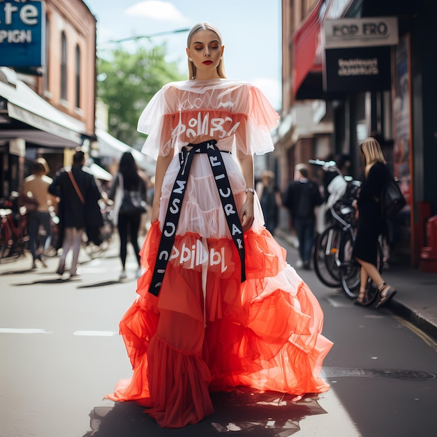 El estilo urbano inspirado en el paracaídas se une al policía Copines con palabras bordadas en un vestido en capas