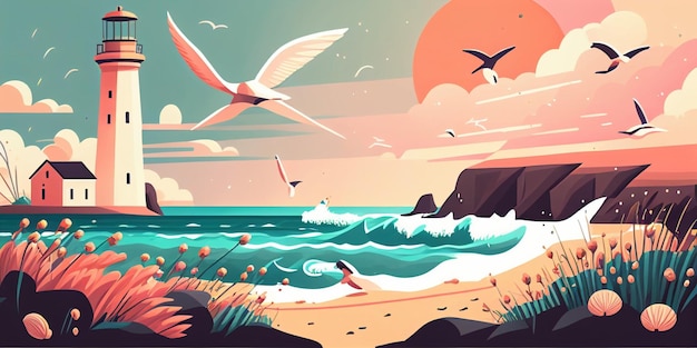 Estilo de vector plano de paisaje soleado de verano con faro y gaviotas en colores pastel alegres AI generativa