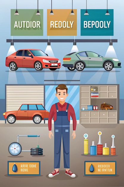 Estilo Vector plano Técnico de reparación de carrocerías de automóviles Ilustración de personajes