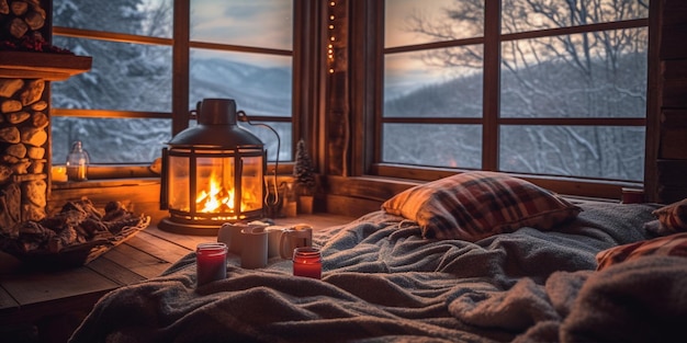 Un estilo de vida acogedor en una cabaña ubicada en un paisaje montañoso nevado con una chimenea crepitante mantas cálidas Generative ai