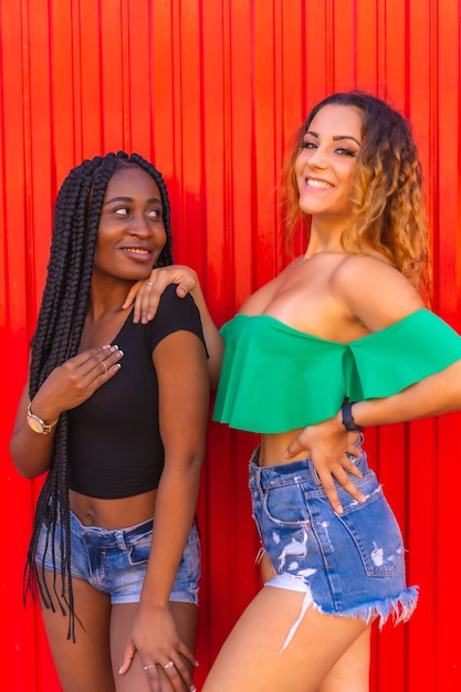 Estilo de vida de amigos chica rubia caucásica y chica negra con gran trenza en una pared roja